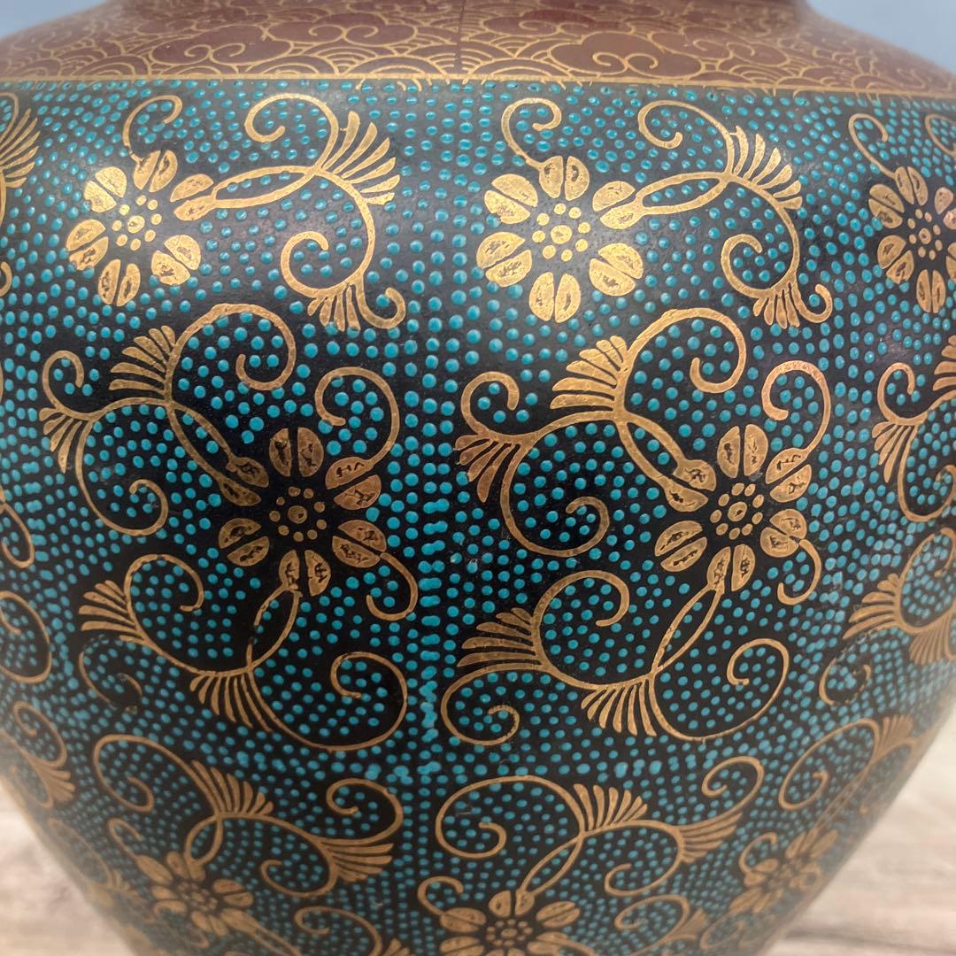 D-壁 九谷焼 隆仙作 青粒 鉄仙 唐草文 花瓶 花生 九谷焼 九谷 隆仙