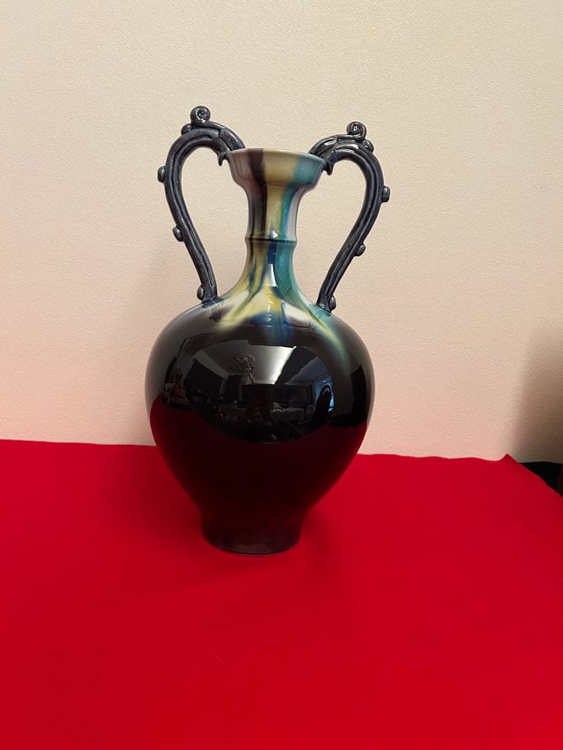 [人間国宝】三代 徳田八十吉 【正彦銘】彩釉 耳付壺 龍耳