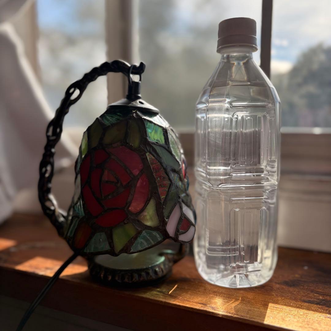 ブルー系　バラ　ステンドランプ　卓上ライト　薔薇　ナイトランプLED付き　ガラス