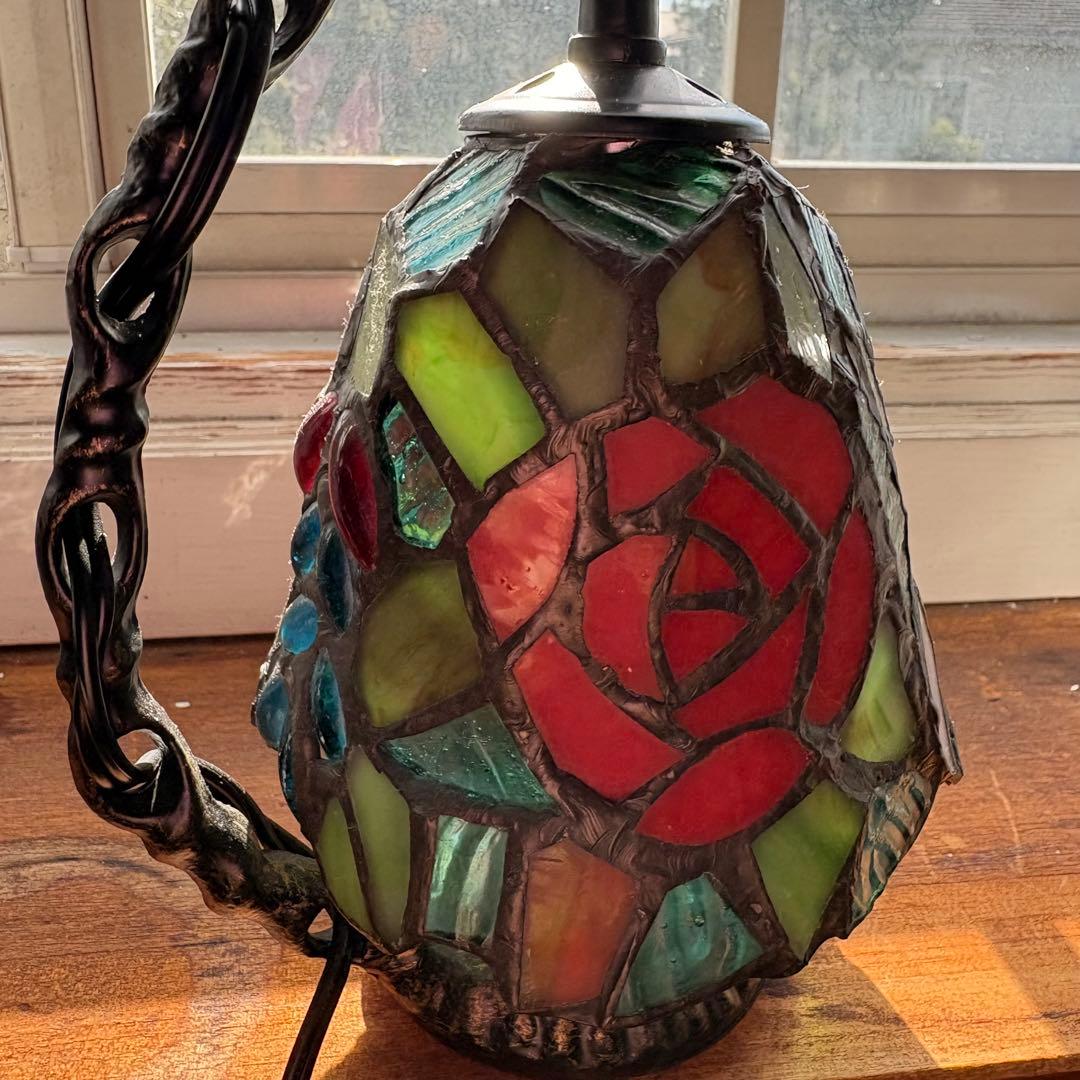 ブルー系　バラ　ステンドランプ　卓上ライト　薔薇　ナイトランプLED付き　ガラス