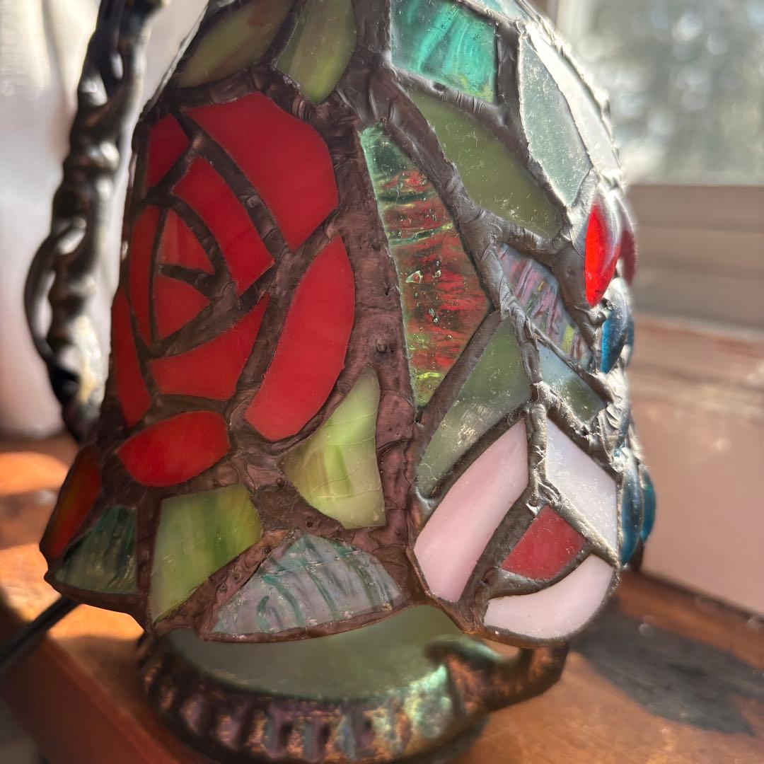 ブルー系　バラ　ステンドランプ　卓上ライト　薔薇　ナイトランプLED付き　ガラス