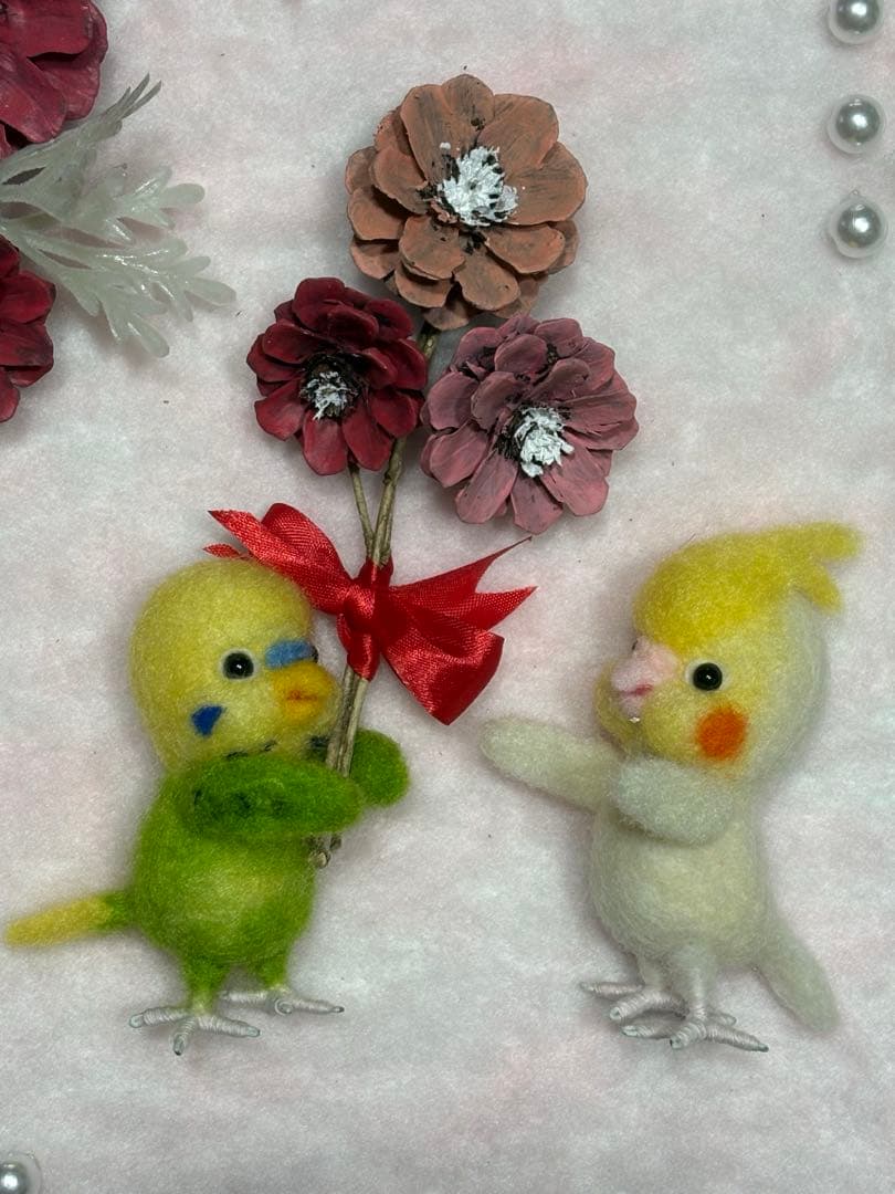 羊毛フェルト　ハンドメイド　春爛漫♡ オカメインコ　セキセイインコ