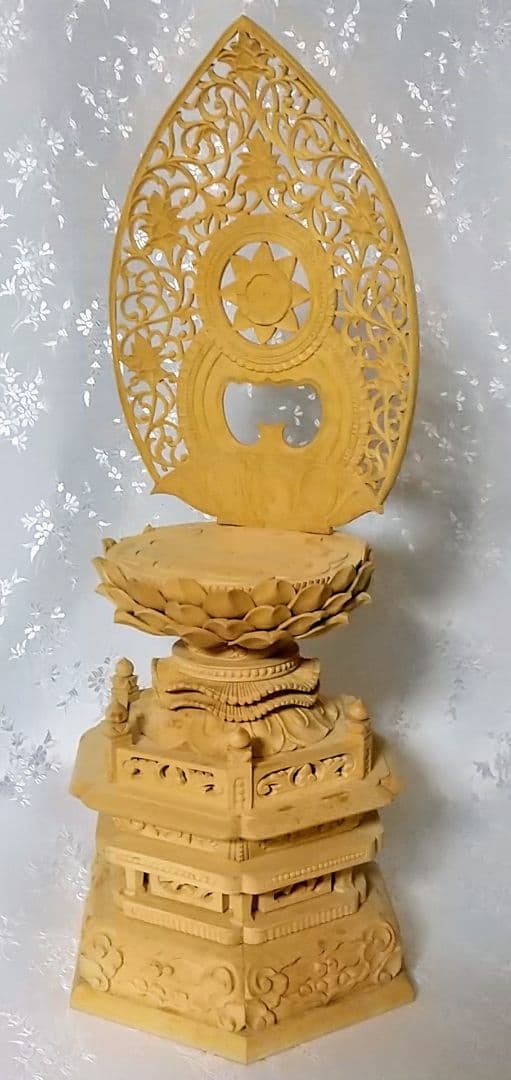 台座+光背 坐像用#544 背切 六角 宝相華唐草 透し彫 木彫 仏像付属品