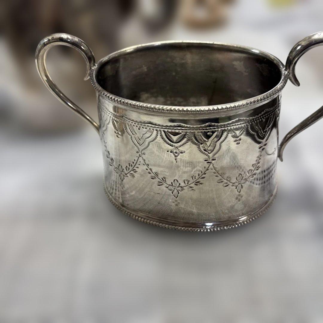 イギリス製　アンティーク　シルバーポットティーセット　トレイ　おまけ付き