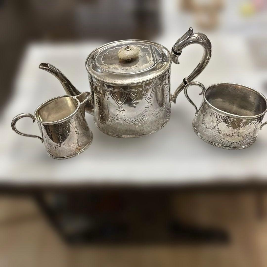イギリス製　アンティーク　シルバーポットティーセット　トレイ　おまけ付き