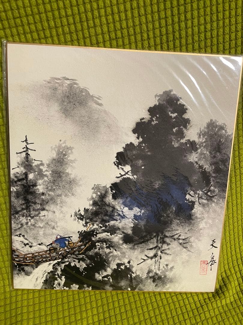 青色波模様 花模様 掛軸と５枚の色紙セット