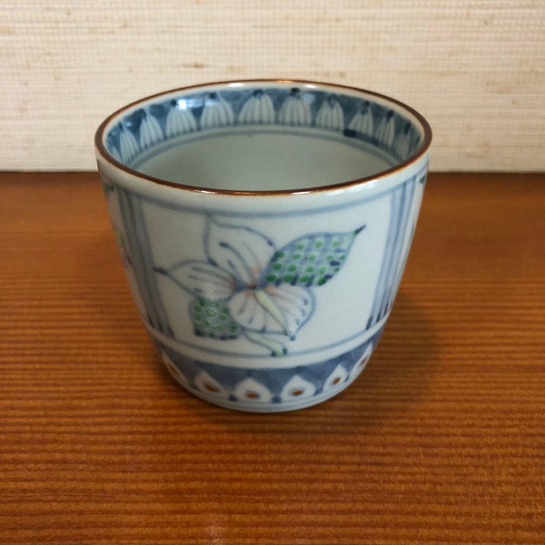 有田焼 五代走波 81歳作 染錦 四方割草花文蕎麦猪口