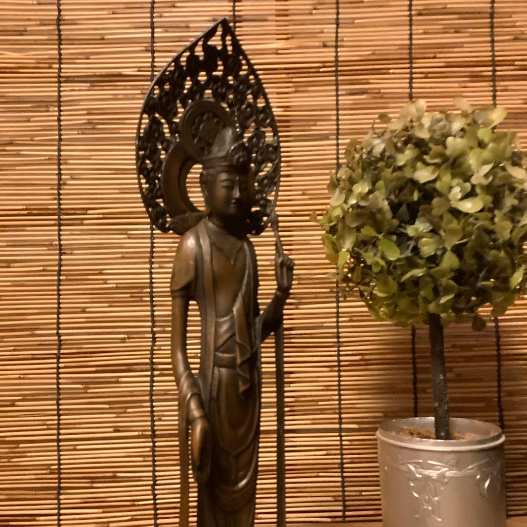 大正〜昭和期「聖観世音菩薩立像」仏教三大信仰・観音経・般若心経・銅・仏師銘刻印