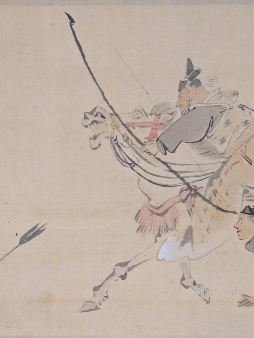 【真作】掛軸　武士と馬の躍動感ある墨彩画　戦国の風景　力強き武士の姿　Q161