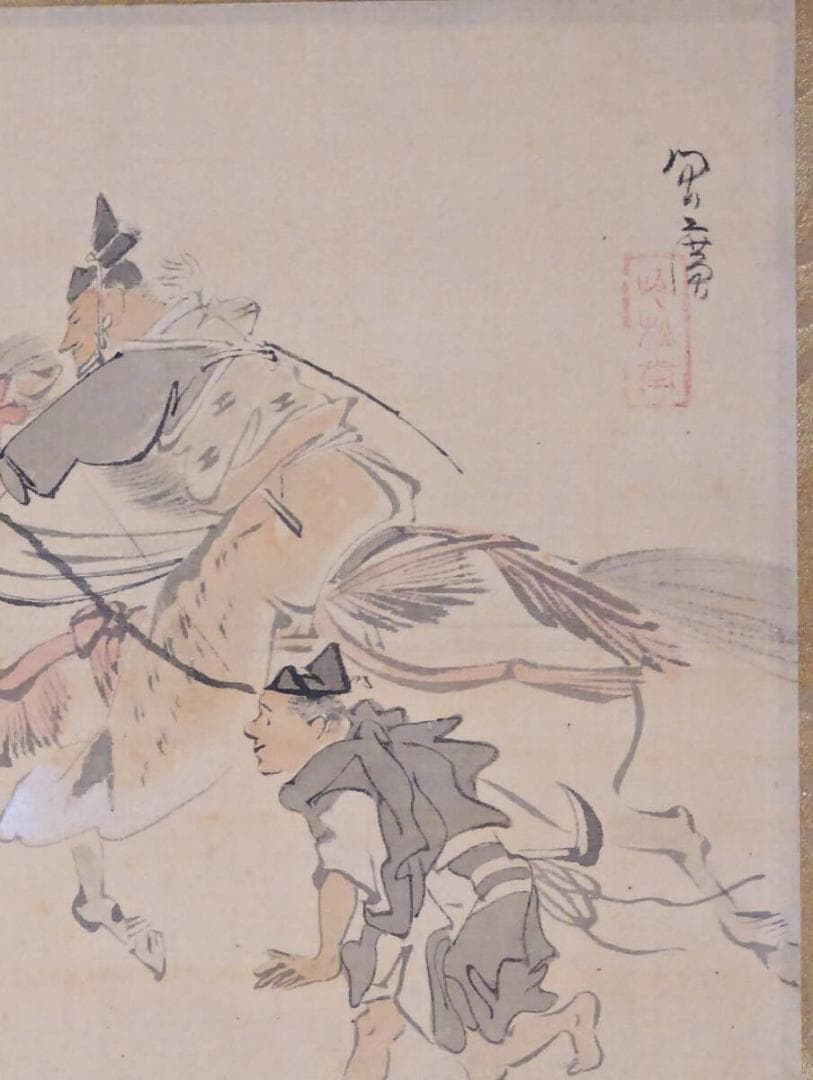 【真作】掛軸　武士と馬の躍動感ある墨彩画　戦国の風景　力強き武士の姿　Q161