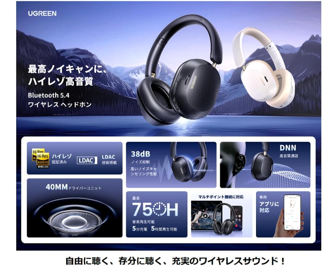 ⭕新品【UGREEN ワイヤレスヘッドホン HiTune Max5c 】白色