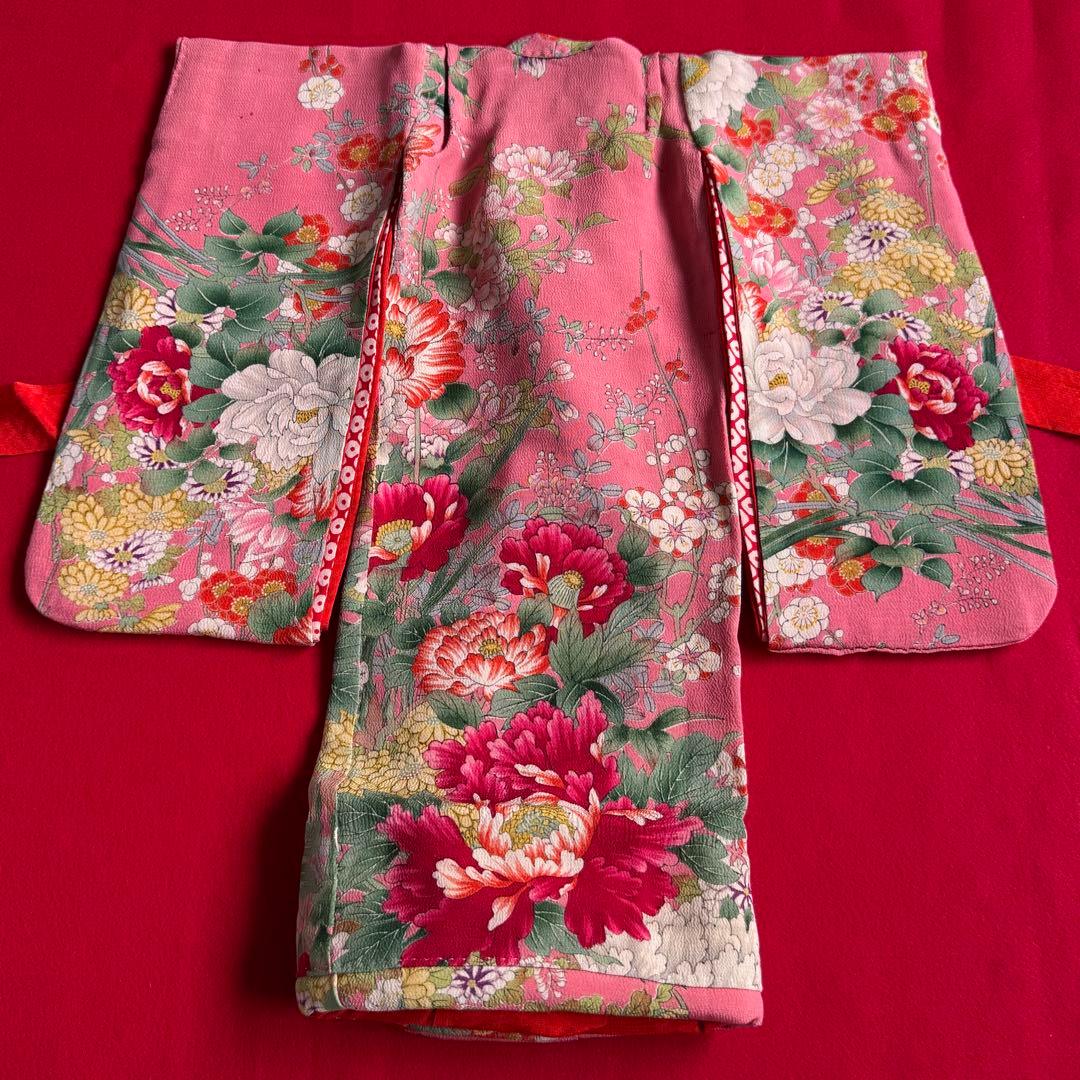 市松人形 12号(42cm)サイズの着物　比翼仕立てピンク桃色牡丹可愛く艶やかに