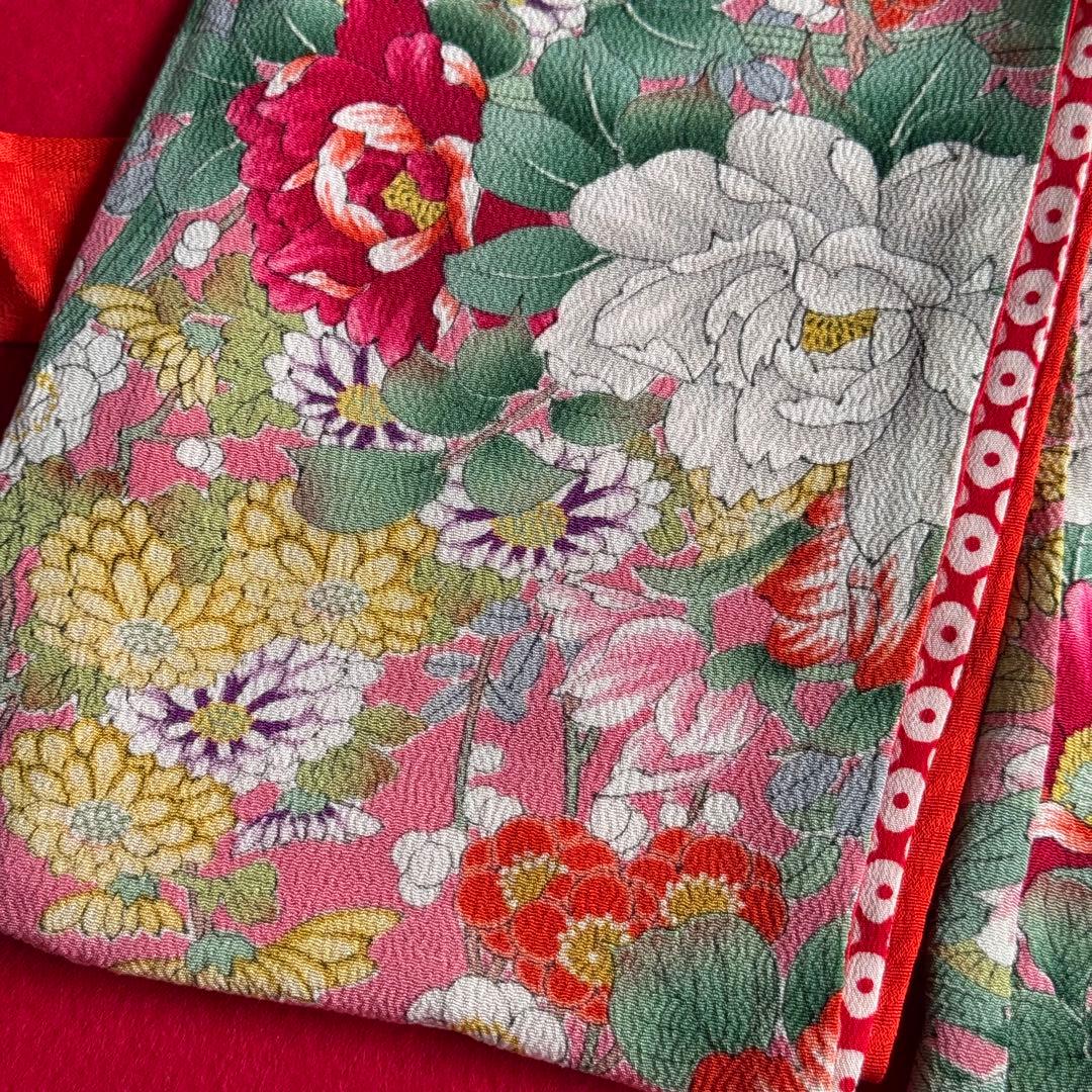 市松人形 12号(42cm)サイズの着物　比翼仕立てピンク桃色牡丹可愛く艶やかに