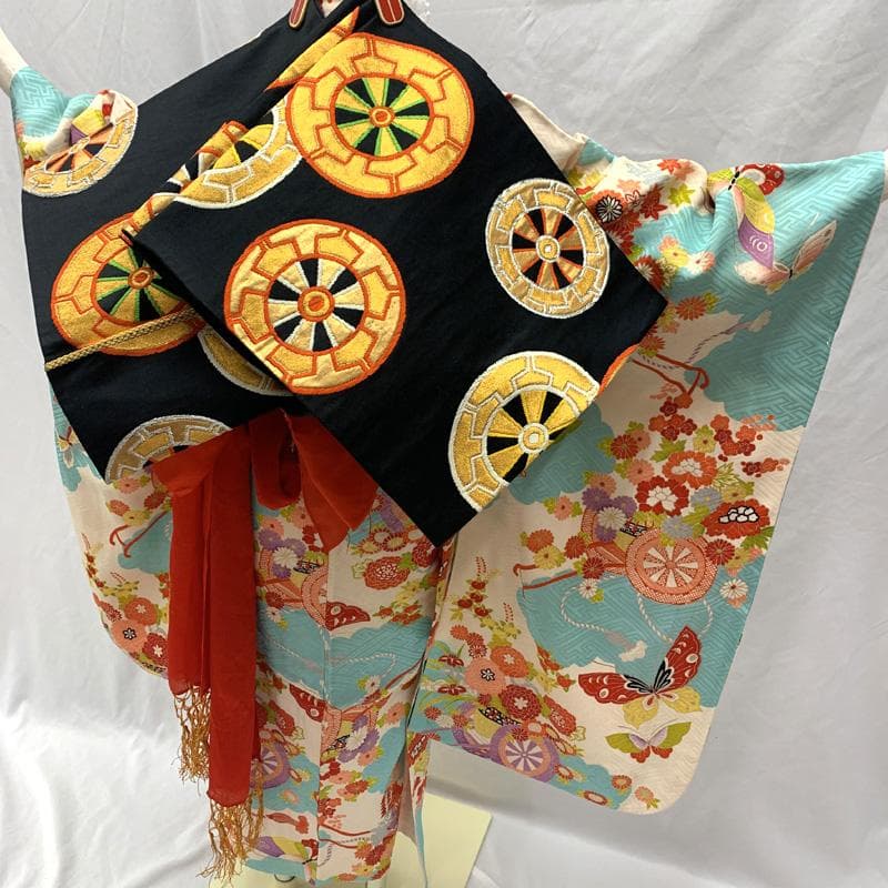 509ag32□七五三 七歳 女児 着物&袋帯 金彩 花車 水色白□状態良好