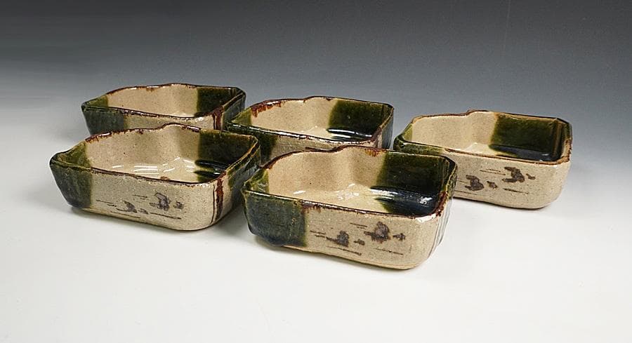 奥村松子 織部つなぎ小鉢 向付 五客 共箱 懐石道具