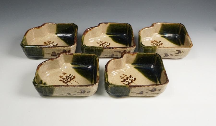 奥村松子 織部つなぎ小鉢 向付 五客 共箱 懐石道具