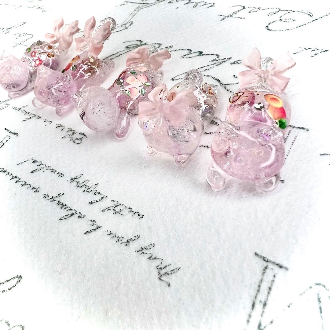 桃　リボン　猫　5個セット