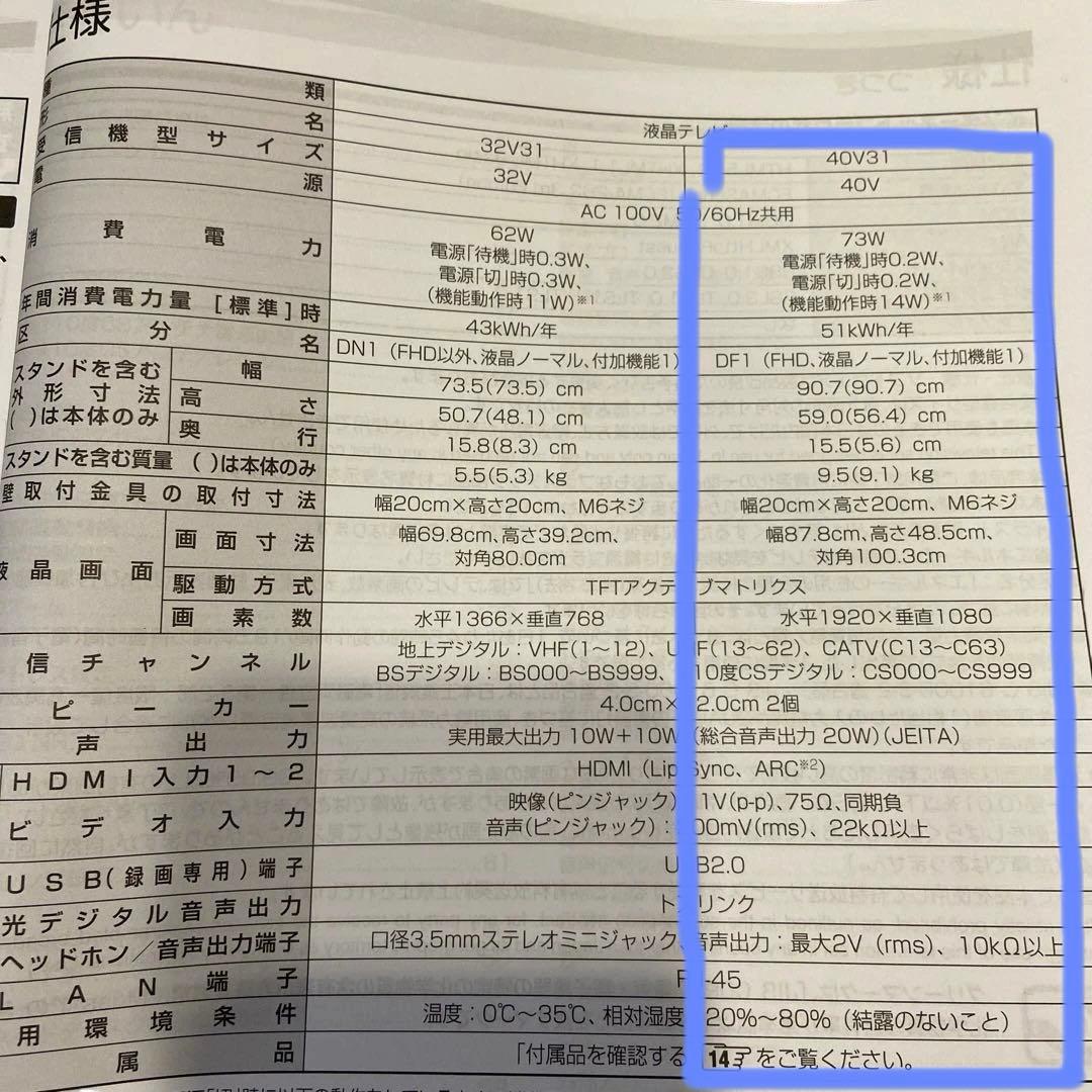 東芝　TOSHIBA　液晶テレビ 40V31 40型