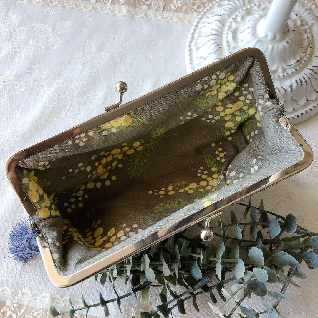 ミモザのがま口ポーチ　手刺繍　ウール刺繍　ハンドメイド