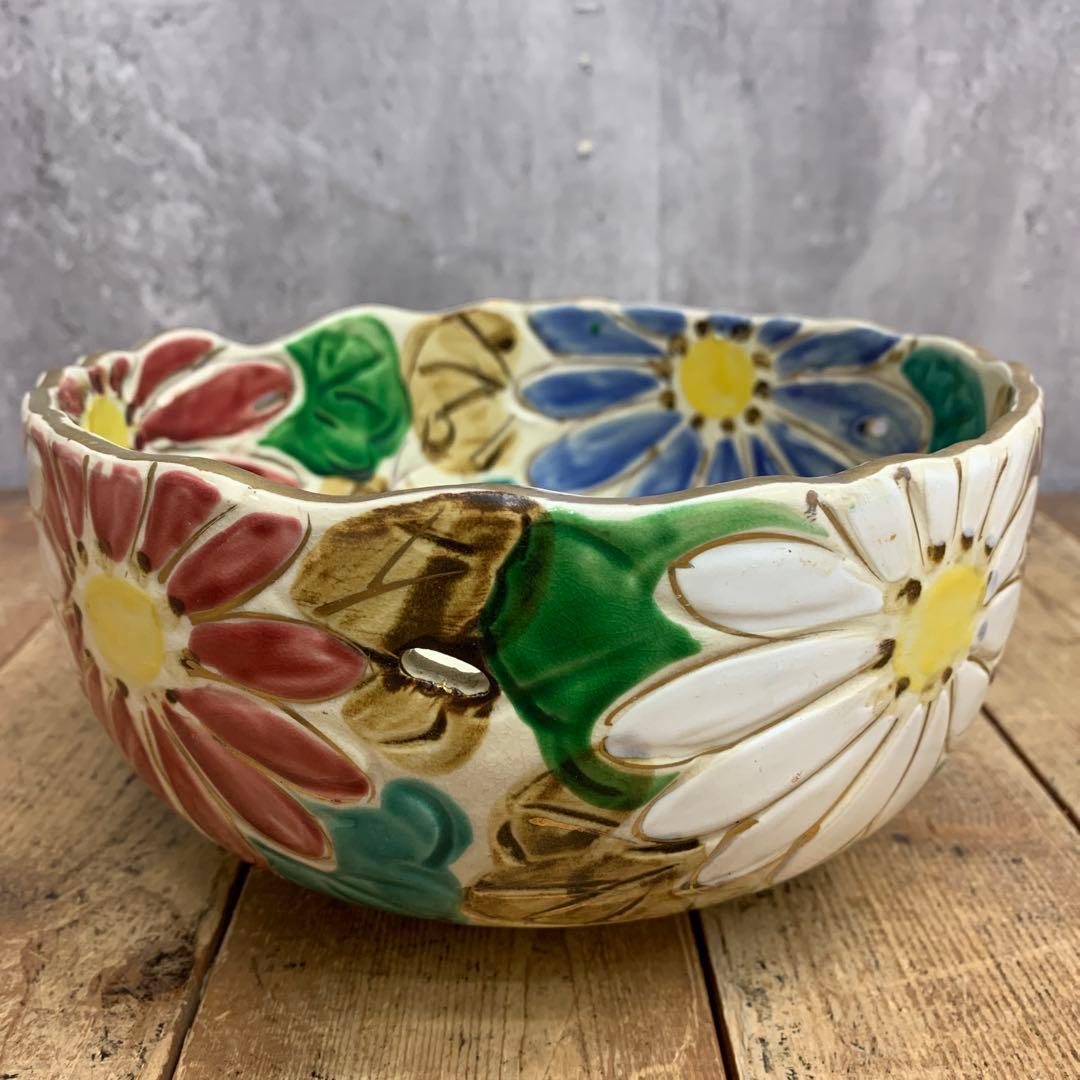 D-4 【訳あり】カラフル花紋 菓子鉢 大鉢 手書き 盛鉢 菓子器 陶器 レトロ