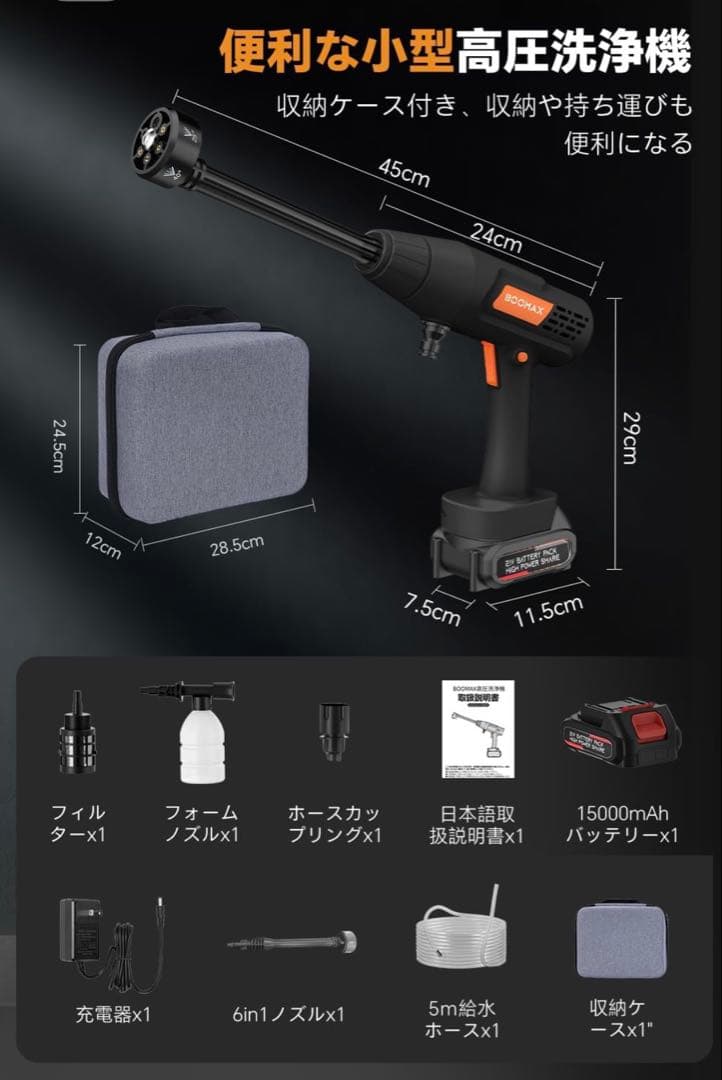 高圧洗浄機 コードレス 充電式 8MPa圧力 20000mAh 射程10m 掃除