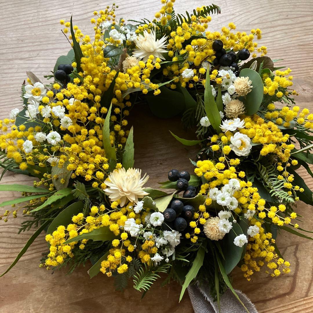 フレッシュミモザのリース　銀葉アカシア　貝細工　シャリンバイ　花かんざし　春