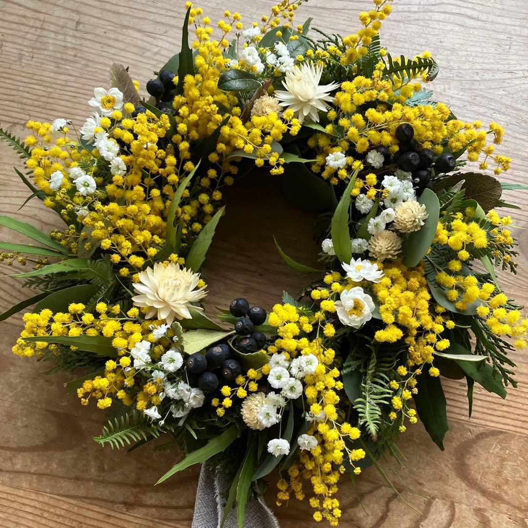 フレッシュミモザのリース　銀葉アカシア　貝細工　シャリンバイ　花かんざし　春