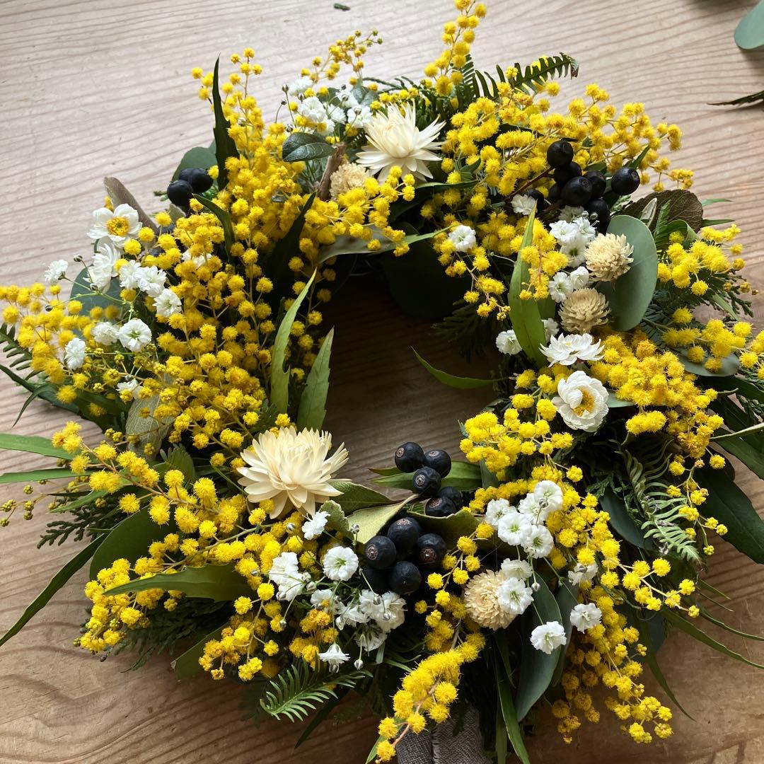 フレッシュミモザのリース　銀葉アカシア　貝細工　シャリンバイ　花かんざし　春