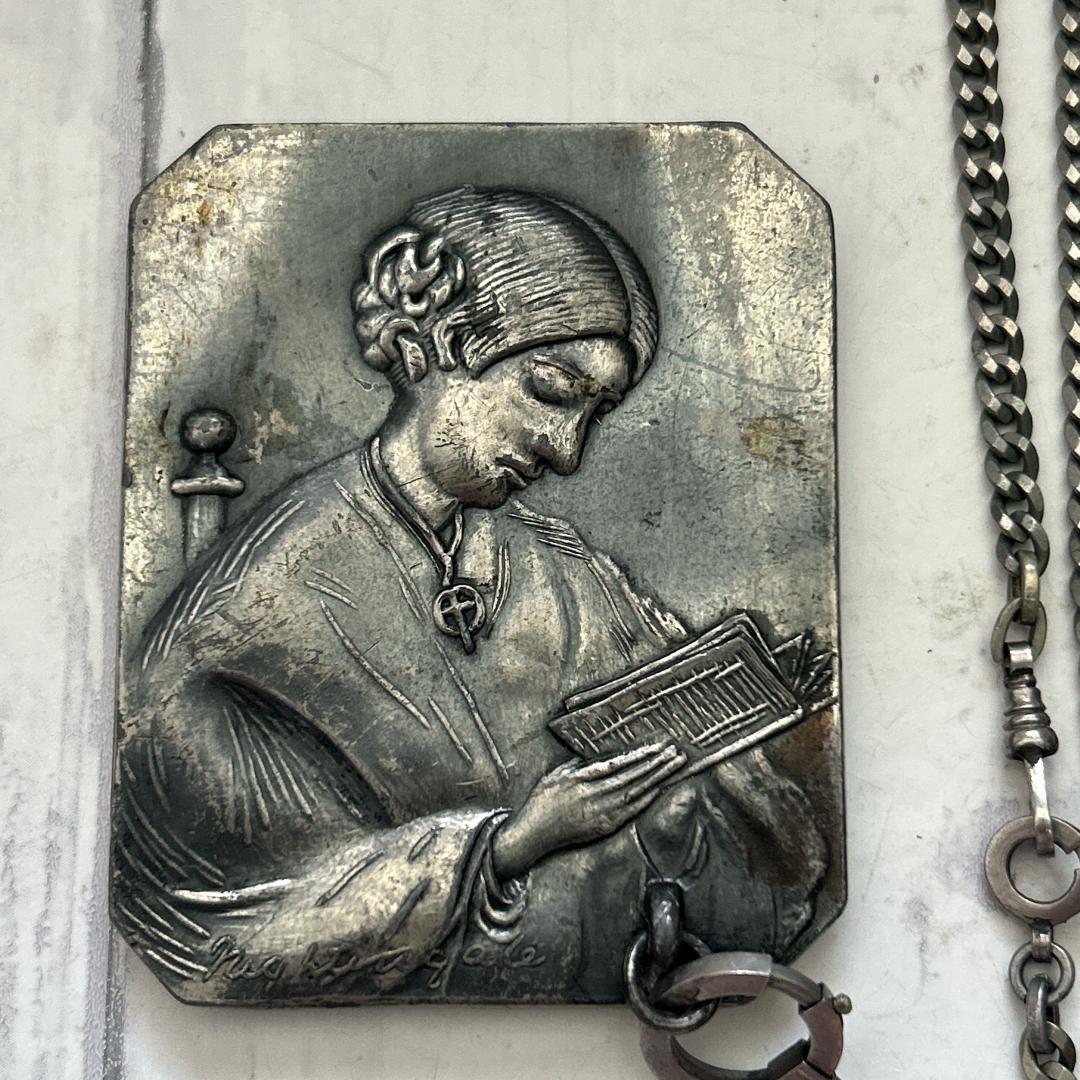 アンティーク◆聖書を読む女性 チェーン付きメダイ? ロザリオ キリスト 教会