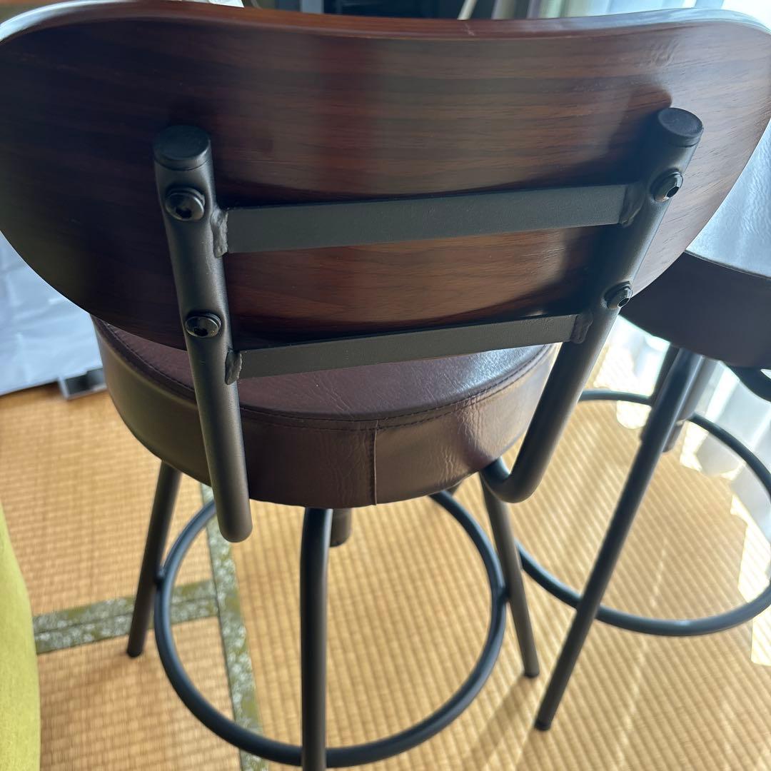 ブラウン バースツール 回転式 木製背もたれ二脚セット