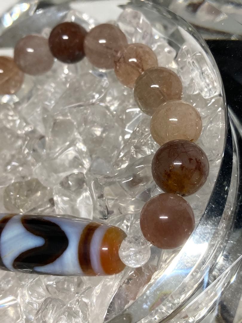 天然石　天珠　四線虎牙天珠　レッドルチルクォーツ　ブレスレット