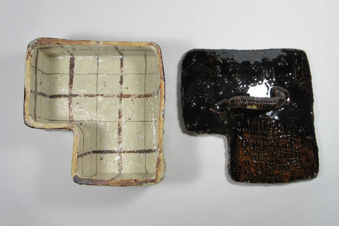 希少！最上位作！【中島勝乃利】（師）鯉江良二！。鉄釉食籠（共箱、共布、栞）。