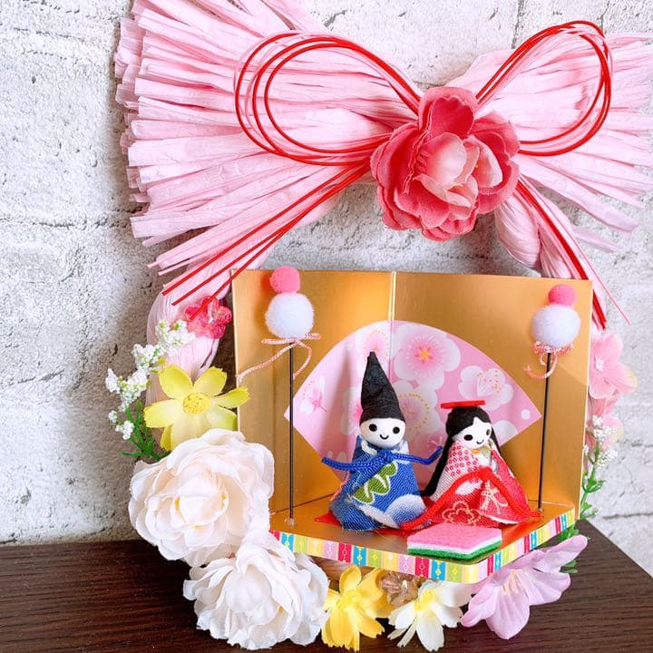 ハンドメイド　ひな祭りリース　しめ縄リース　ひな祭りフラワーリース