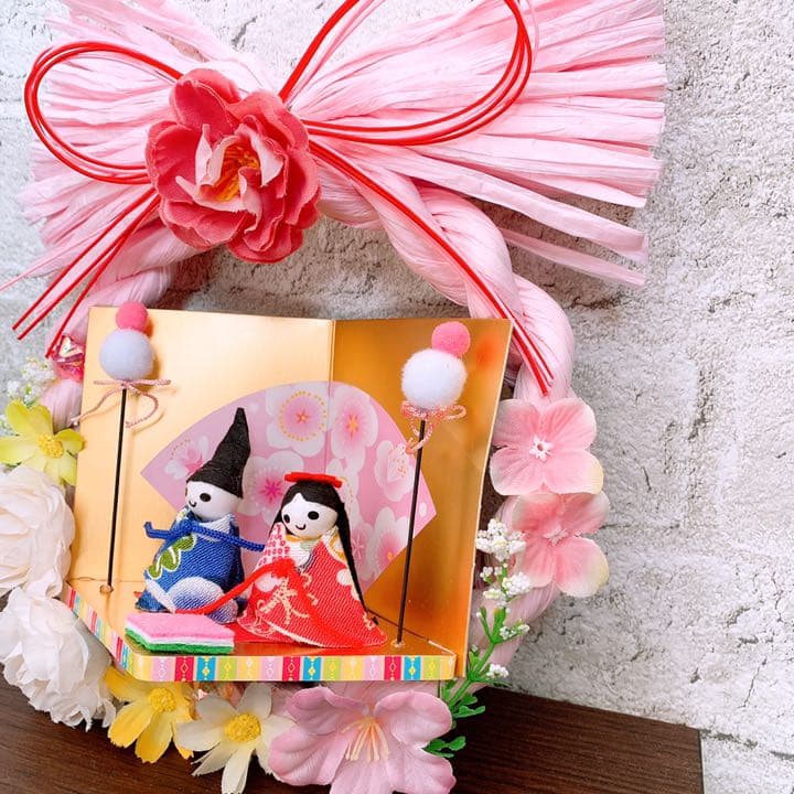 ハンドメイド　ひな祭りリース　しめ縄リース　ひな祭りフラワーリース
