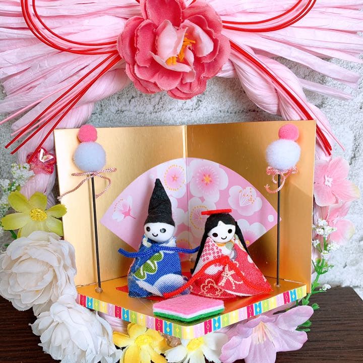 ハンドメイド　ひな祭りリース　しめ縄リース　ひな祭りフラワーリース