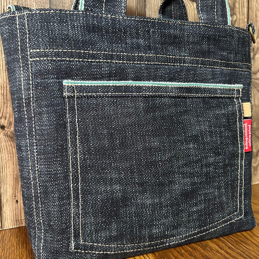 ＊小さめトートバッグ＊大きなポケットが可愛いデニムバッグ　ショルダー付き　青耳