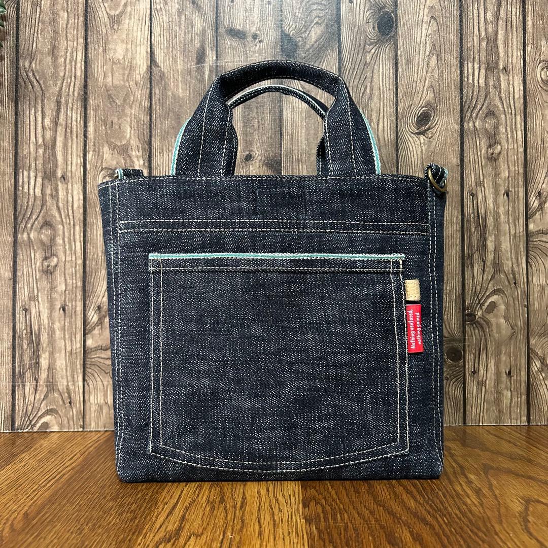 ＊小さめトートバッグ＊大きなポケットが可愛いデニムバッグ　ショルダー付き　青耳