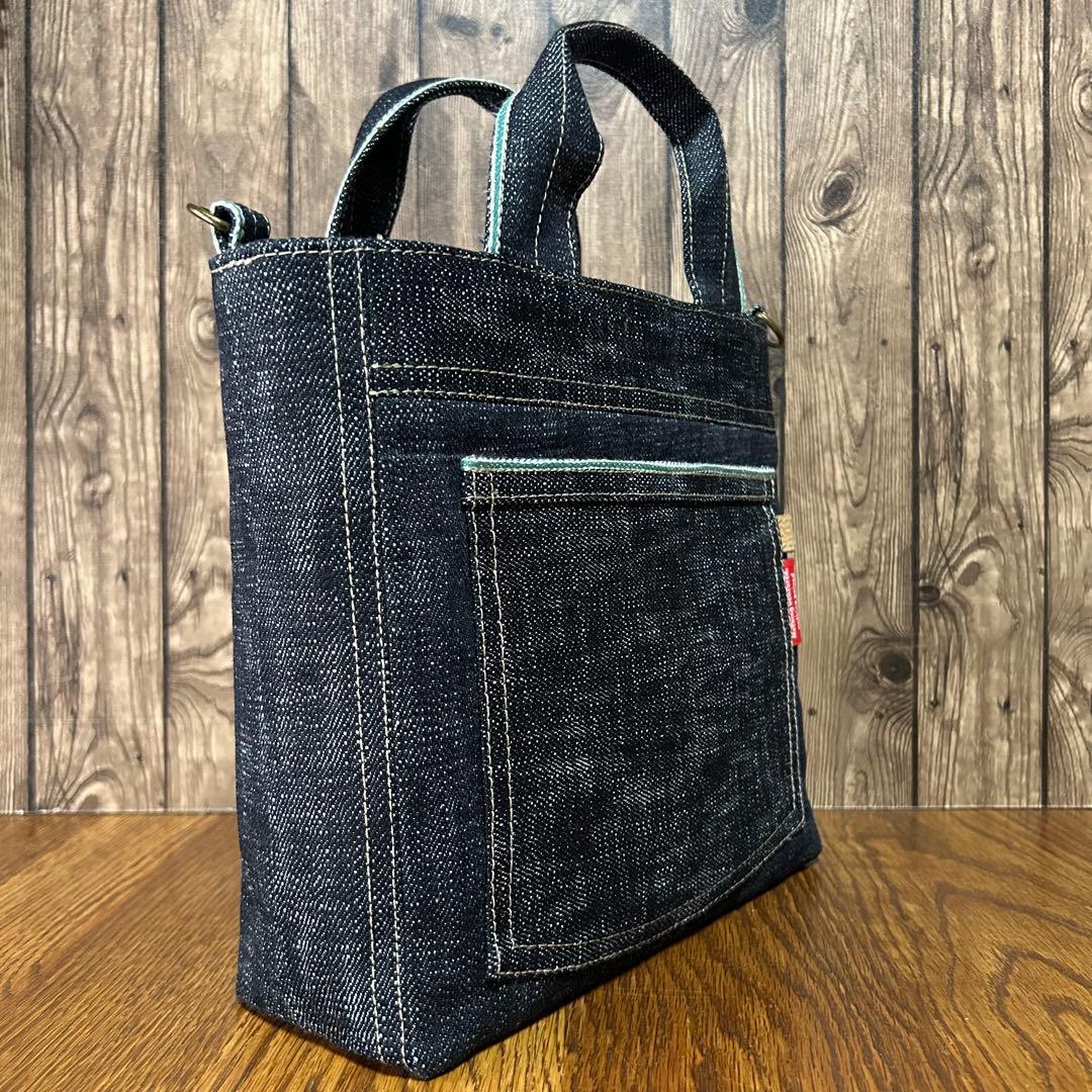 ＊小さめトートバッグ＊大きなポケットが可愛いデニムバッグ　ショルダー付き　青耳