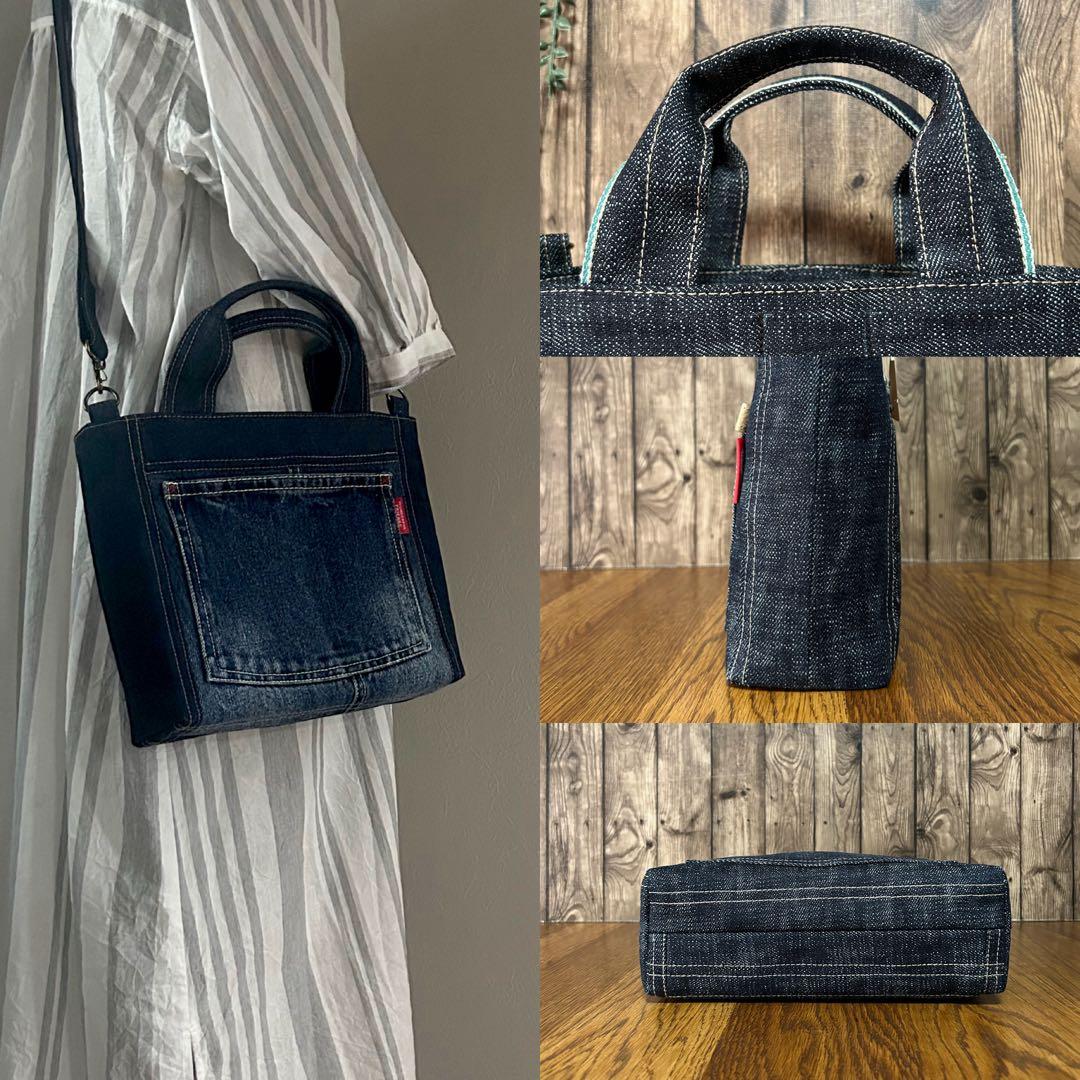 ＊小さめトートバッグ＊大きなポケットが可愛いデニムバッグ　ショルダー付き　青耳