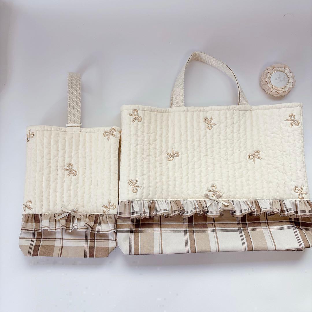 ヌビ　レッスンバッグ　上履き袋　りぼん　刺繍生地　キルト　キルティング