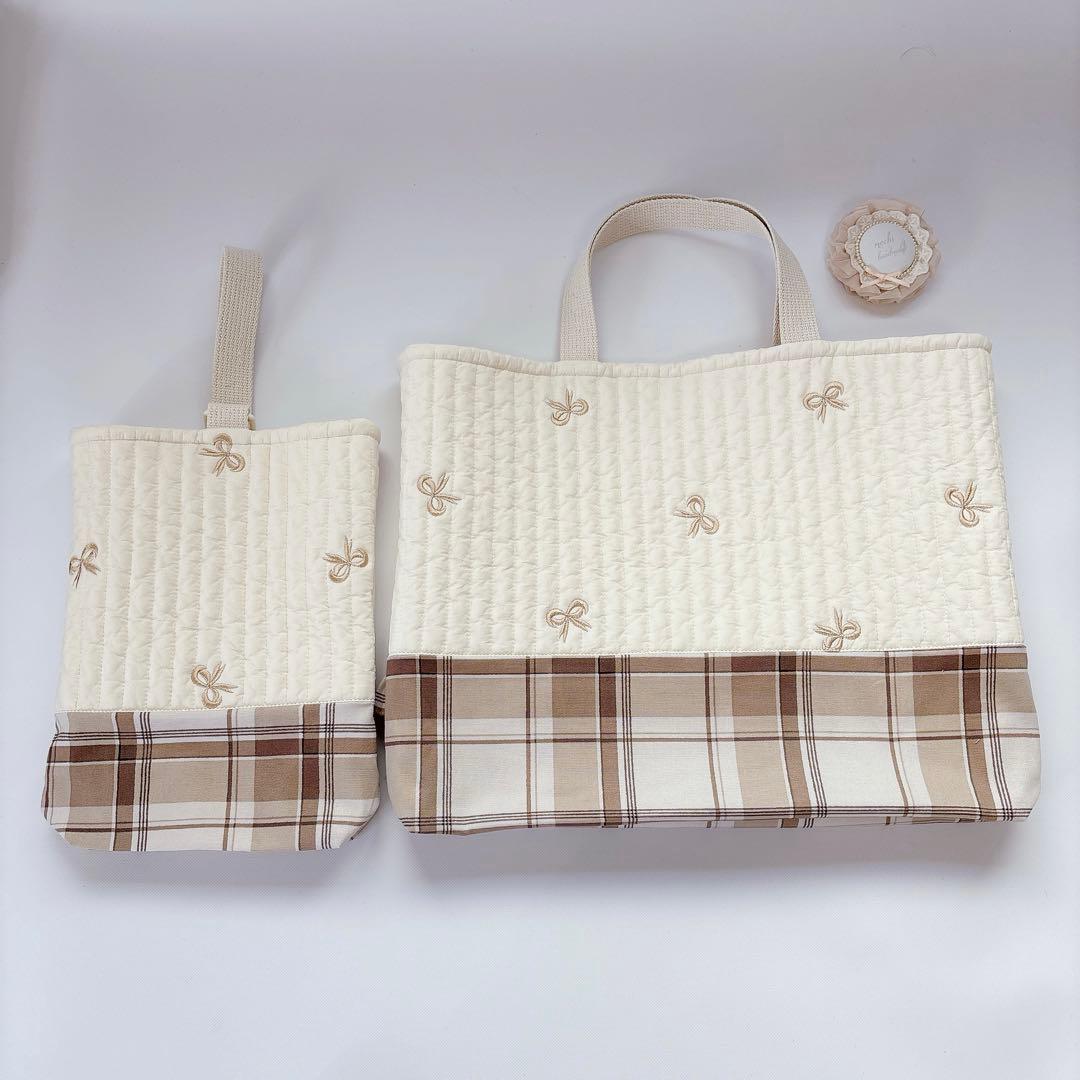 ヌビ　レッスンバッグ　上履き袋　りぼん　刺繍生地　キルト　キルティング