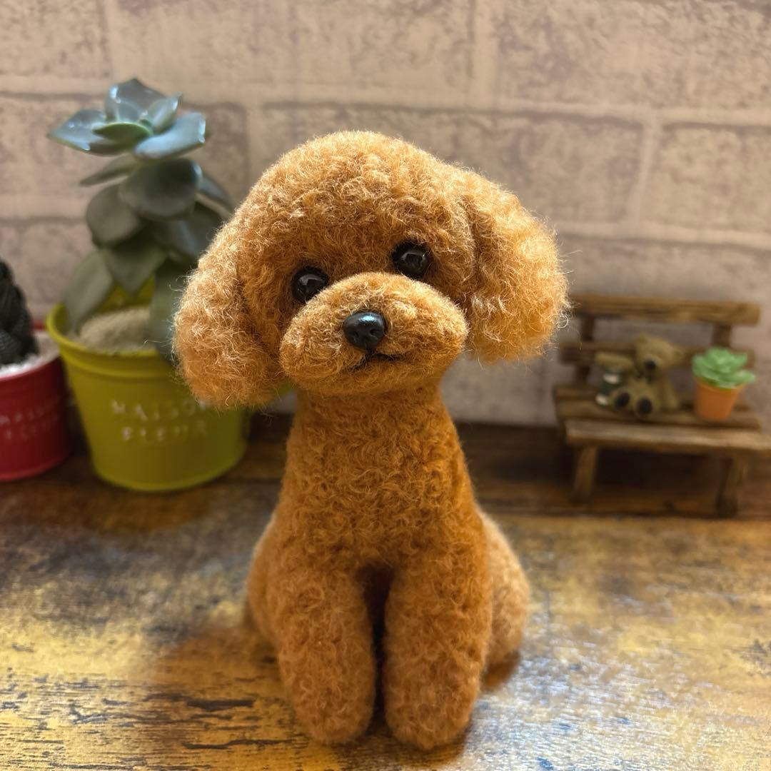 羊毛フェルト　お座りトイプードル　レッド　アプリコット系