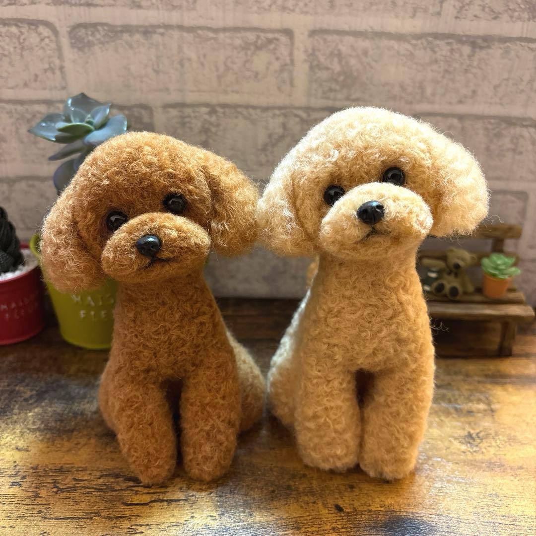 羊毛フェルト　お座りトイプードル　レッド　アプリコット系