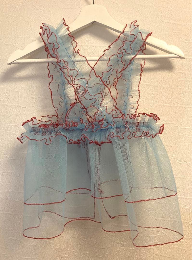 七五三　チュール　七五三　被布　チュール　水色　女の子　レトロ　着物　エプロン