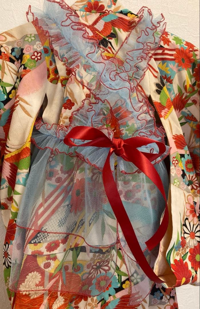 七五三　チュール　七五三　被布　チュール　水色　女の子　レトロ　着物　エプロン