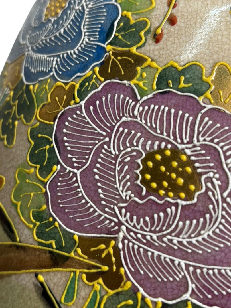 #薩摩焼 丸十字紋 色絵金彩 花鳥図 大壺 花瓶 木箱付き　S-12