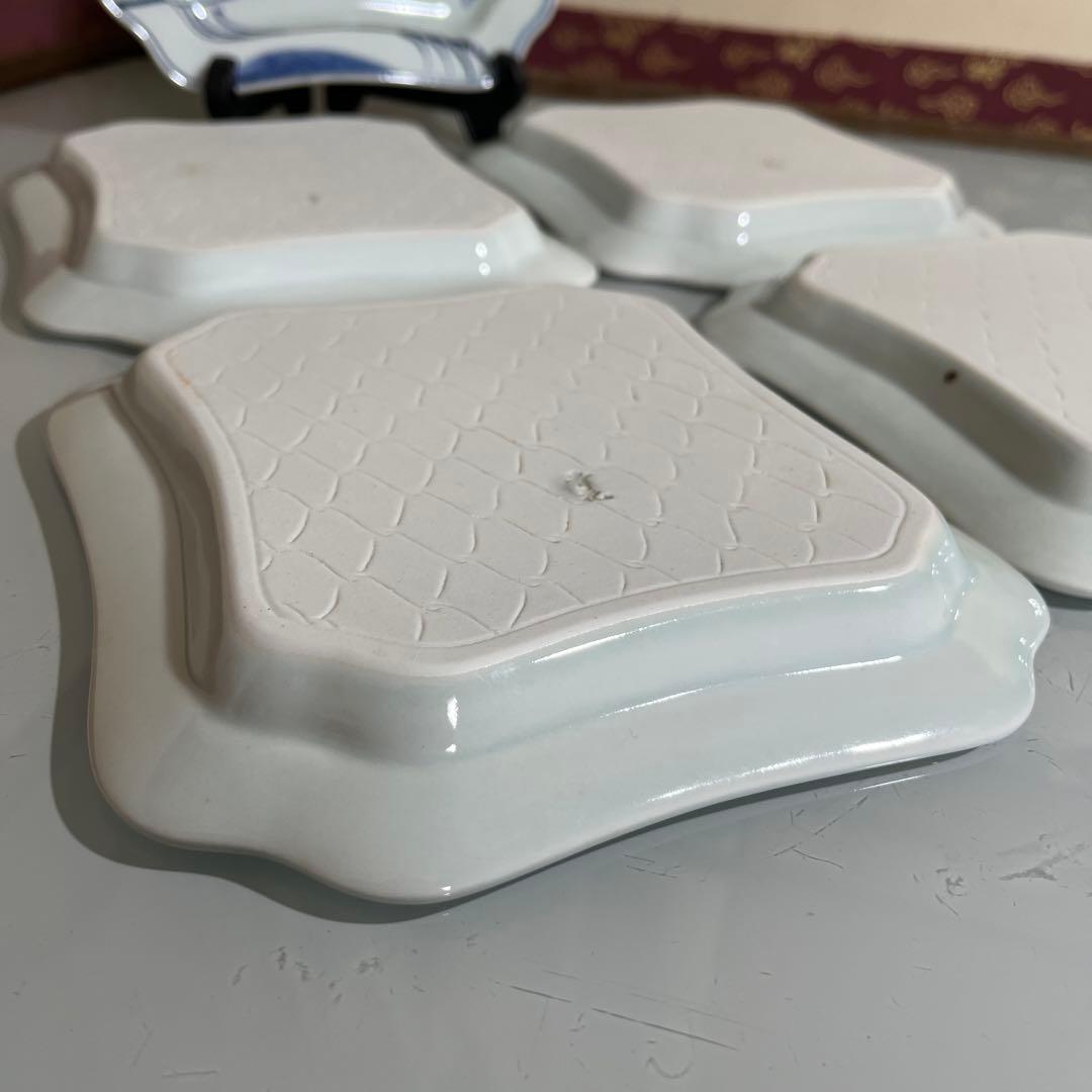 しん窯青花　隅切り方皿5枚　鯉の滝登り