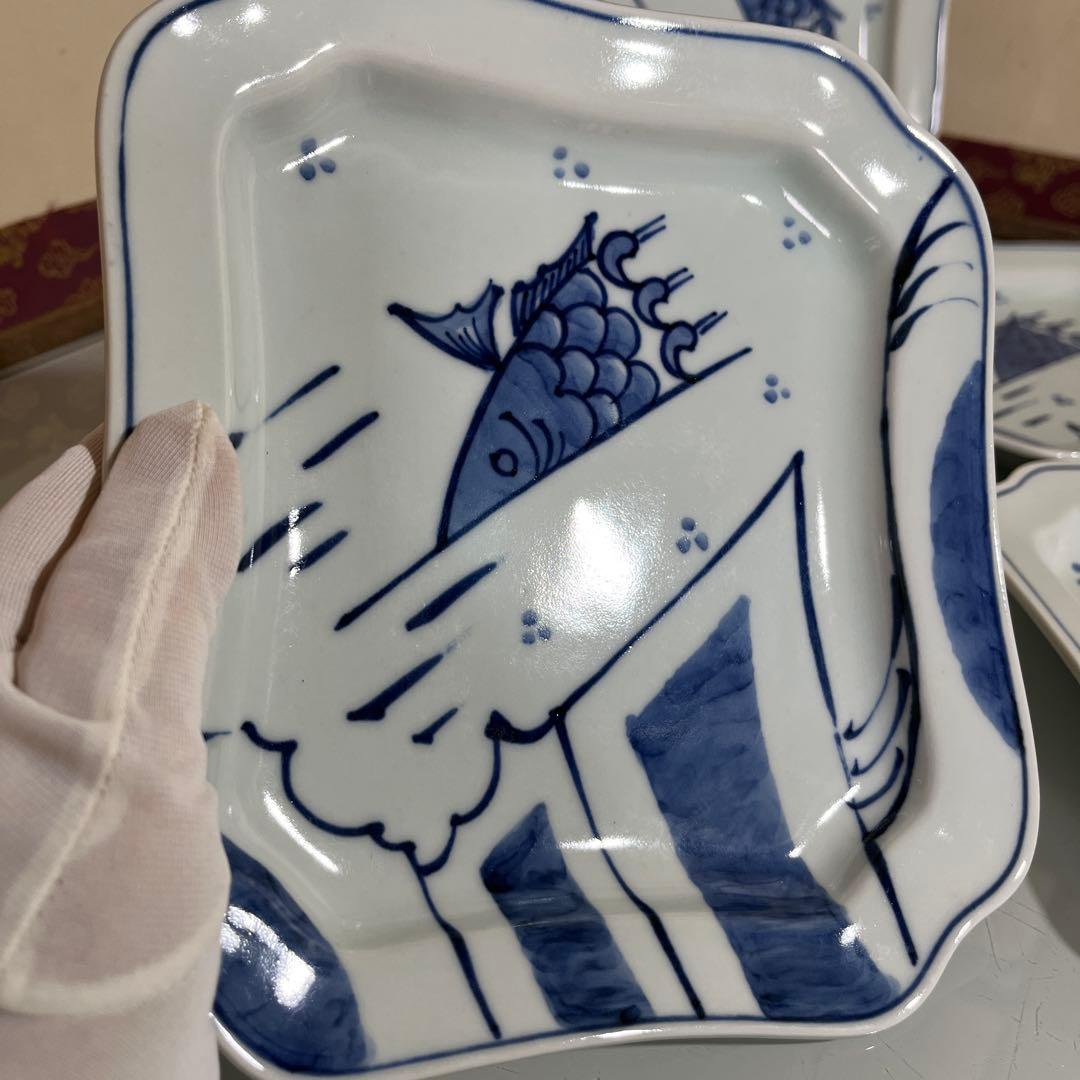 しん窯青花　隅切り方皿5枚　鯉の滝登り