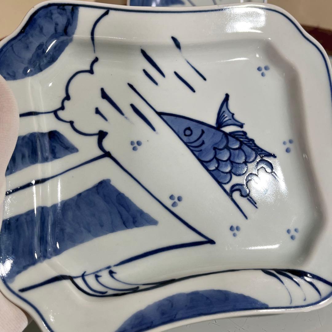 しん窯青花　隅切り方皿5枚　鯉の滝登り