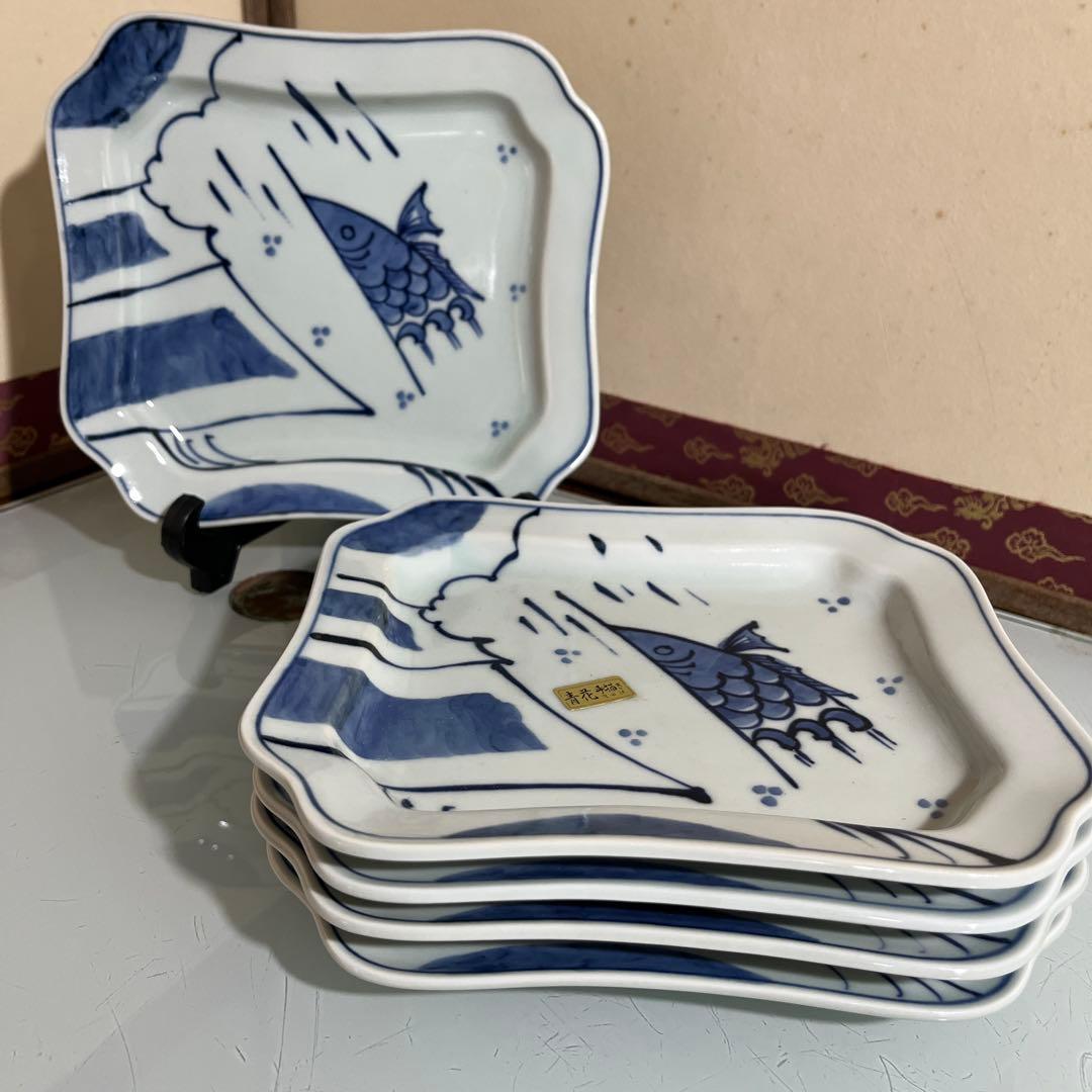 しん窯青花　隅切り方皿5枚　鯉の滝登り